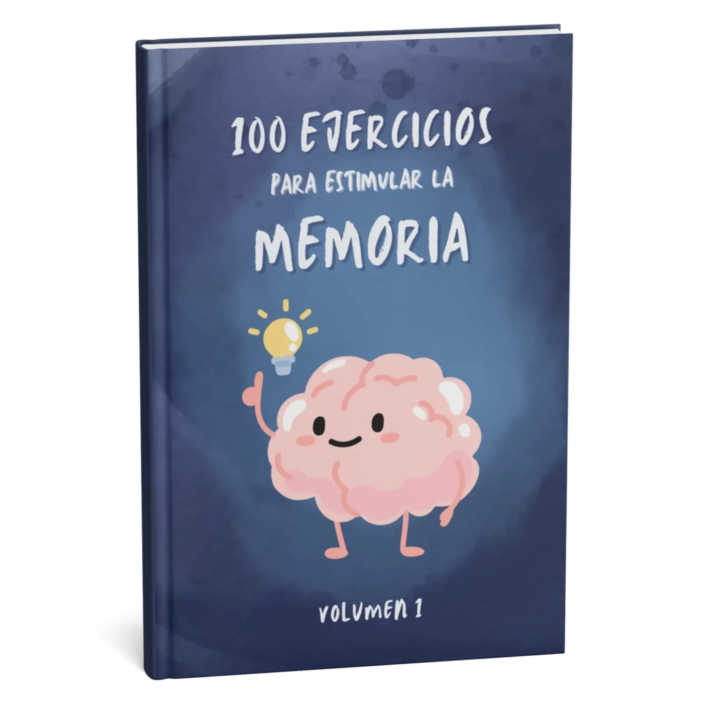 Portada del libro “100 ejercicios para estimular la memoria” con dibujo de cerebro y bombilla