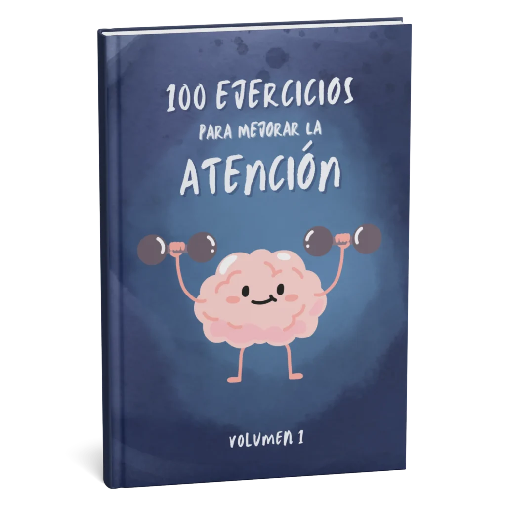 Portada del libro “100 ejercicios para mejorar la atención” con dibujo de cerebro levantando pesas