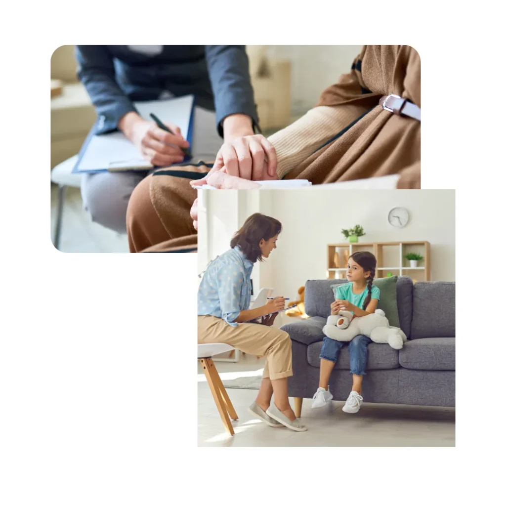 Psicóloga trabajando con niña en consulta infantil y atendiendo a paciente adulta en la clínica Neuroien de Murcia. Clínica de psicología en Murcia especializada en población infantil.